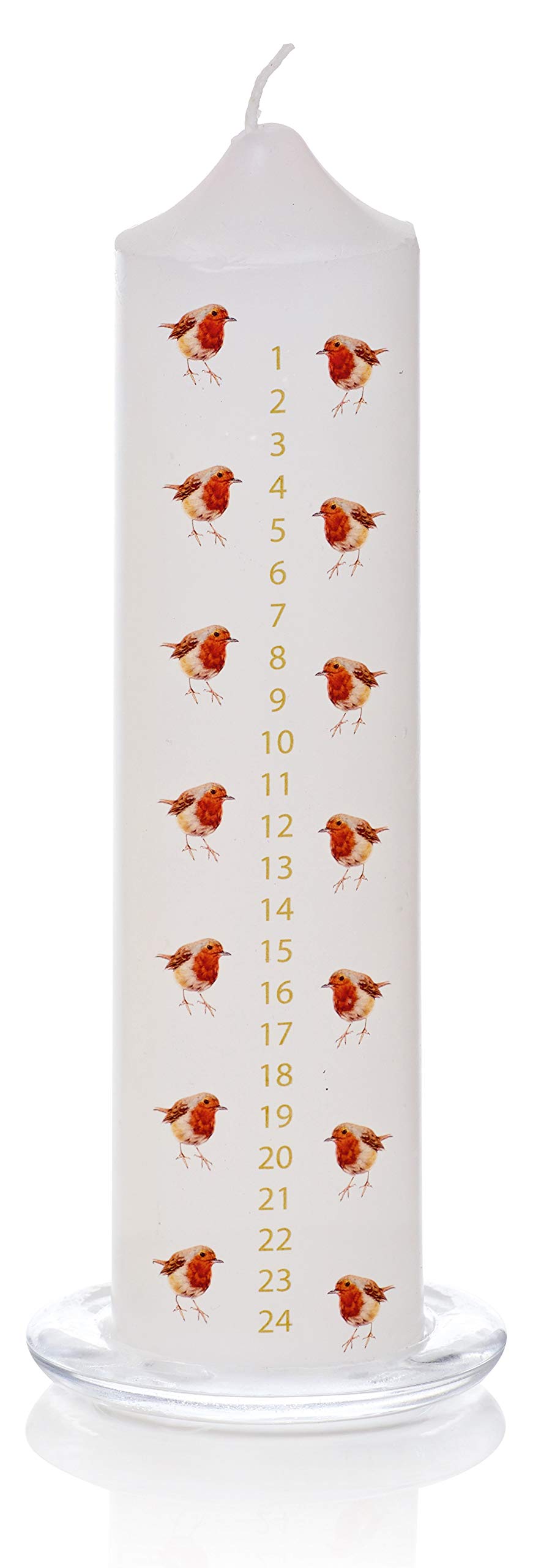 Premier White Wax Advent Candle With Glass Stand Robins (White)