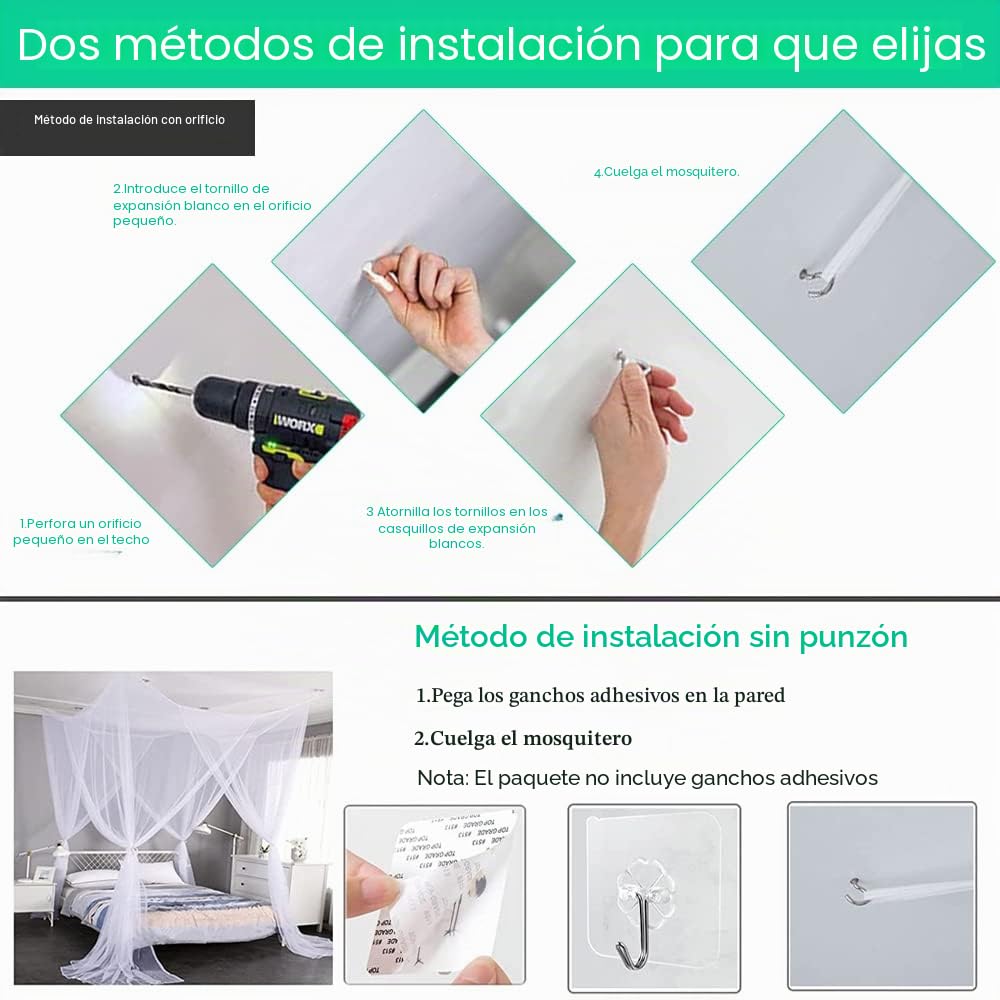 Mosquitera de Cama con Dosel con 4 Aperturas para mosquitero de poliéster, mosquitera, Cama Cuadrada, Color Blanco, mosquitera, Cama Doble Rectangular para Cama Grande (190 x 210 x 240 cm)