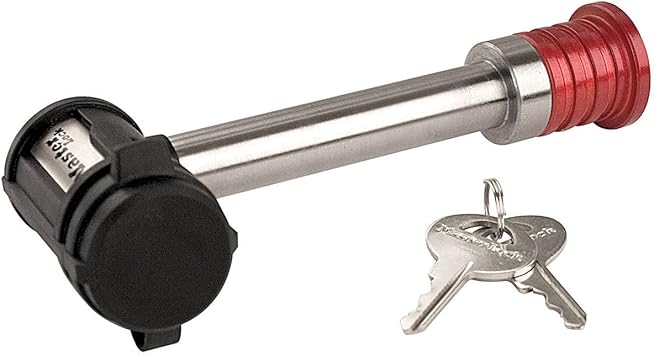 Master Lock Silver and Red Receiver Lock, Stainless Steel BarbellTM Hitch Pin Lock, Fits 5/8 in. Receivers, Weather Resistant Automotive Receiver Lock, 1469DAT