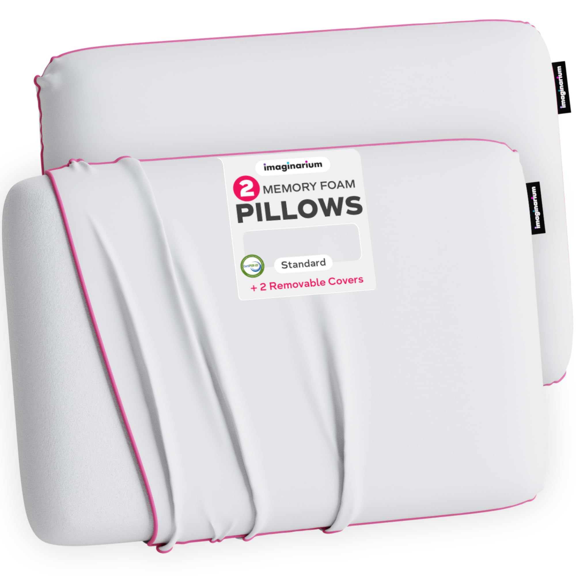 Imaginarium 2 Pk Cooling Bed Pillows for Sleeping, 2 Memory Foam Cooling Pillows for Back, Stomach Sleeper, Gel Side Sleeper Pillow, Cold Pillows That Stay Cold, Removable Zipper Cove - White/Pink