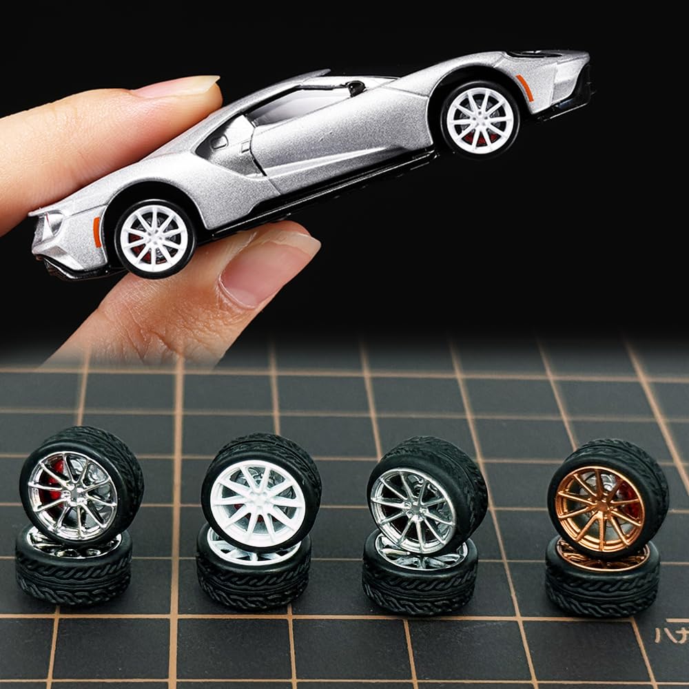 1/64 Wheels and tires for Upgraded Mainline Cast Model Car, True Rider Series,Diameter is 0.39In, Ten-Axis, 4 Sets/Pack, ABS wheels with Rubber Tires Rivet Shaft with Brake Pads (Series U(4 sets))