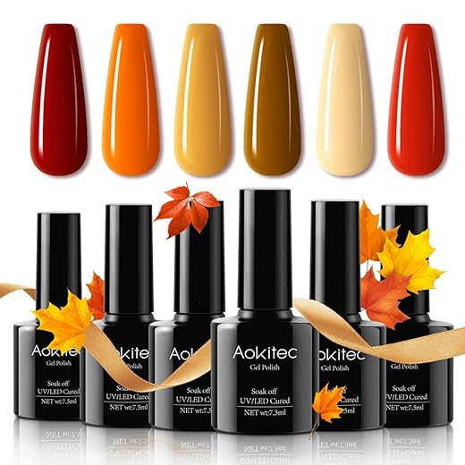 Aokitec Gel Nail Polish Kit 6x7.5ml Gel Polish Set Soak Off Nail Gel Polish Set 2021 New Light Dark Diamond Red Yellow Green Gold Gel Nail Manicure Kit DIY Home Gifts for Women(Christmas Collection)