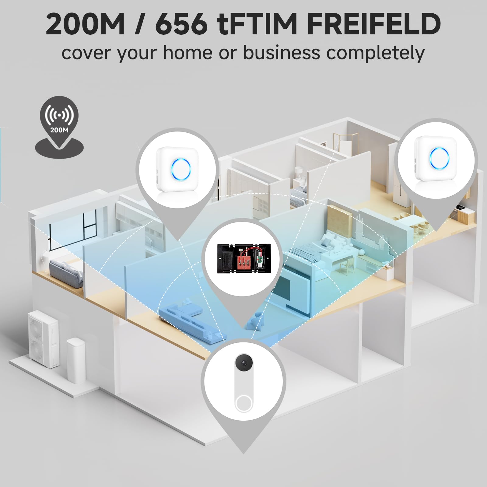 Satisure Wireless Doorbell Chime for Google Nest Doorbell (Wired, 2nd Gen) Doorbell Extender with Receiver Connects to Existing Hardwired 58 Chimes and 5 Volume for Home (1 Video Extender 1 Receiver）