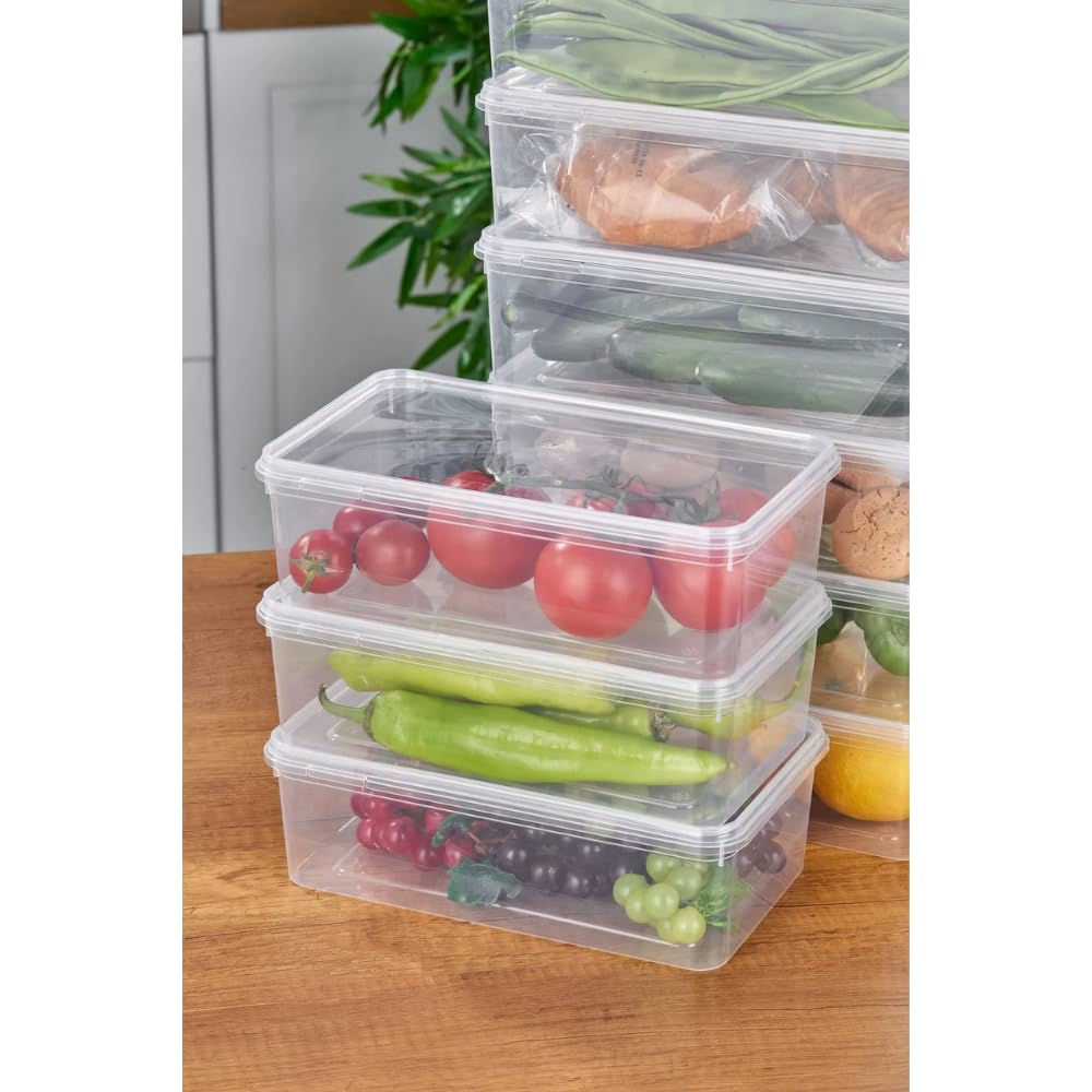 Arel - 10'lu Set Yandan Açılır Kapaklı Saklama Kabı, 10 Adet 2000ml Dikdörtgen Şeffaf Kendinden Kapaklı Saklama Kabı, BPA İçermez, Buzdolabı, Dondurucu ve Dolap Organizeri
