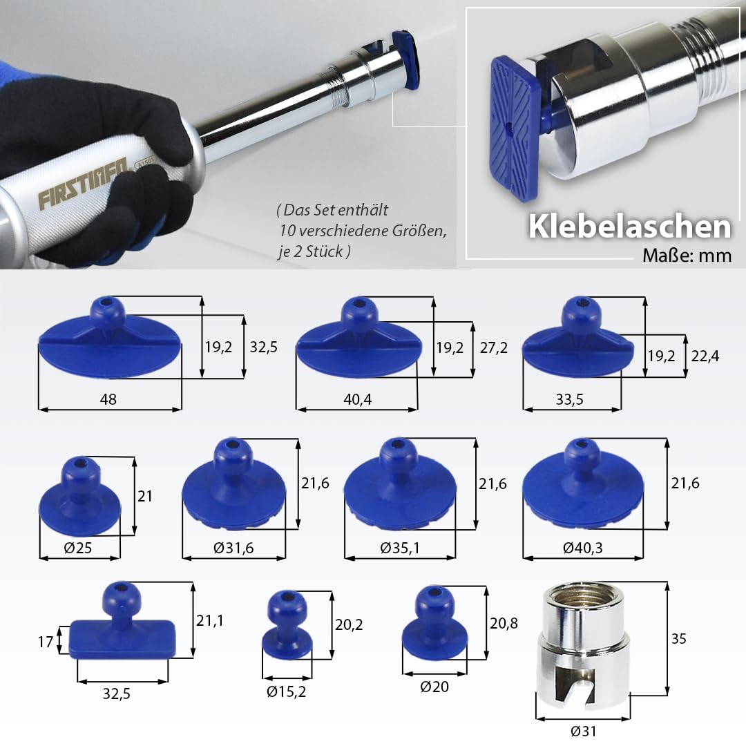 FIRSTINFO Pneumatischer Dellenzieher Set mit Gleithammer 3 Saugnäpfen und 20 Klebeadaptern Druckluft Ausbeulwerkzeug für lackfreie Auto Dellenreparatur, A1501EUY1