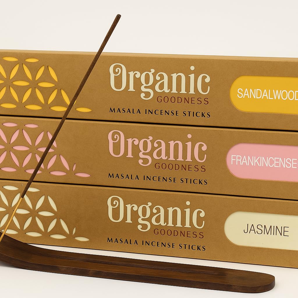 Organic Goodness Masala Incense Sticks Set – 3 Fragrances (Sandalwood, Olibanum, Jasmine) with JRose Incense Burner – Natural Aromatherapy Gift Pack J01