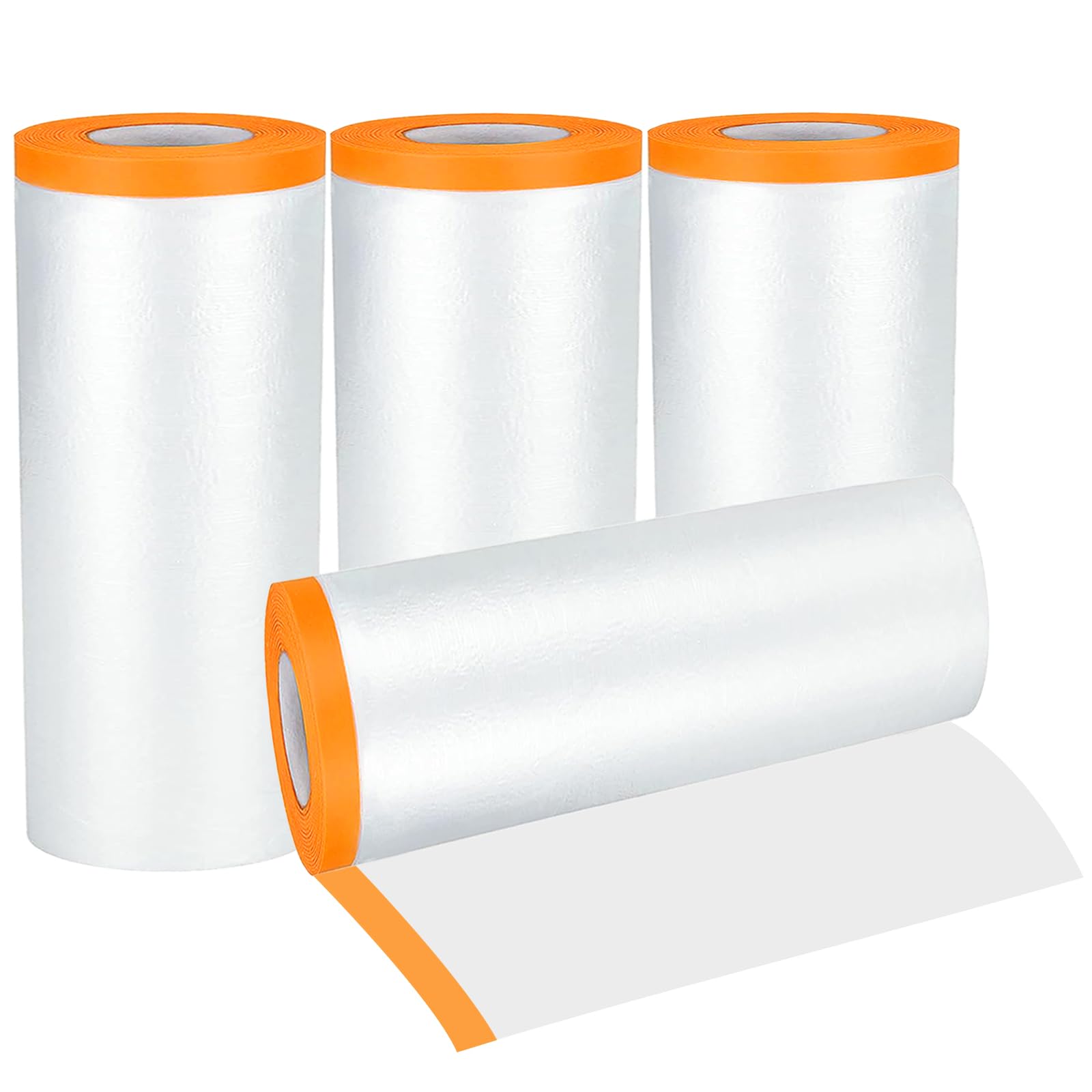 4Rolls Self Adhesive Dust Sheet Rolls, 2.4Mx20M Plastic Dust Sheets for Decorating, Drop Film Masking Tape with Plastic Sheet for Floor Protection, Painting Decorating Covering, Wall Cabinets Sofa Car
