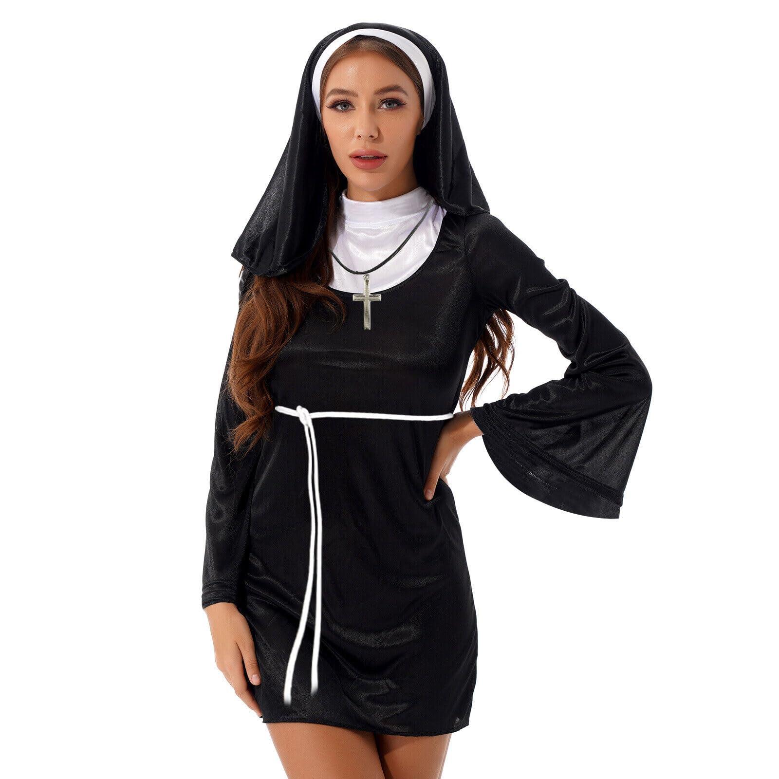 Nonnenkostüm Für Damen – Inkl. Kleid, Haube, Kreuzkette & Gürtel, Für Karneval & Mottopartys