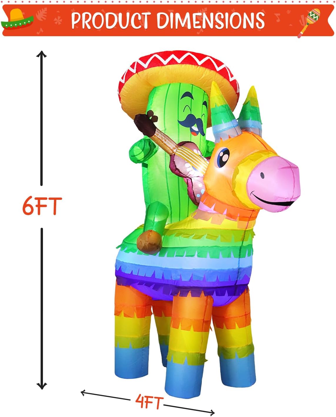 DomKom 6FT Cinco De Mayo Inflatable Cactus Riding Donkey, Mexican Fiesta Party Decor with Sombrero Piñata and Built-in LEDs Light Blow up for Garden Lawn Yard