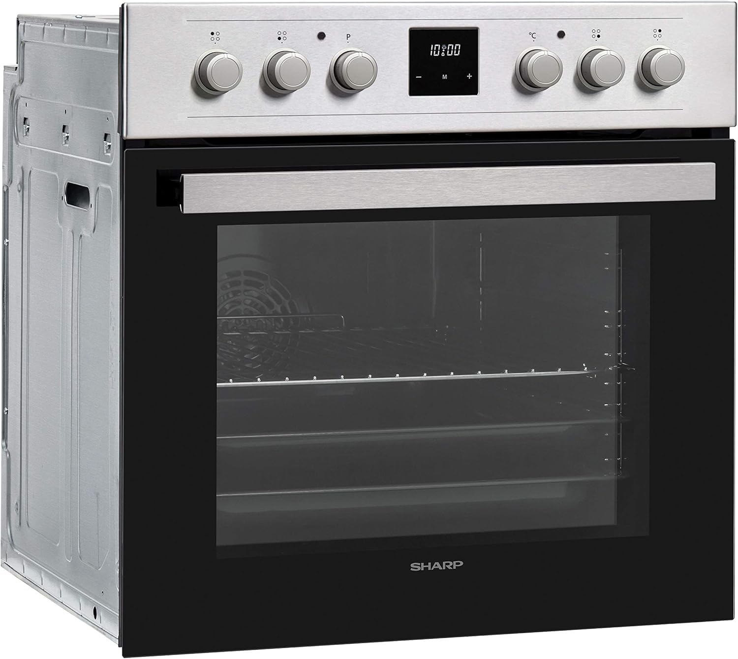 Sharp Einbauherd Set Backofen Heißluft Umluft Pizzastufe Grill Teleskopauszug versenkbare Knebel mit SCHOTT CERAN® Glaskeramik Kochfeld autark