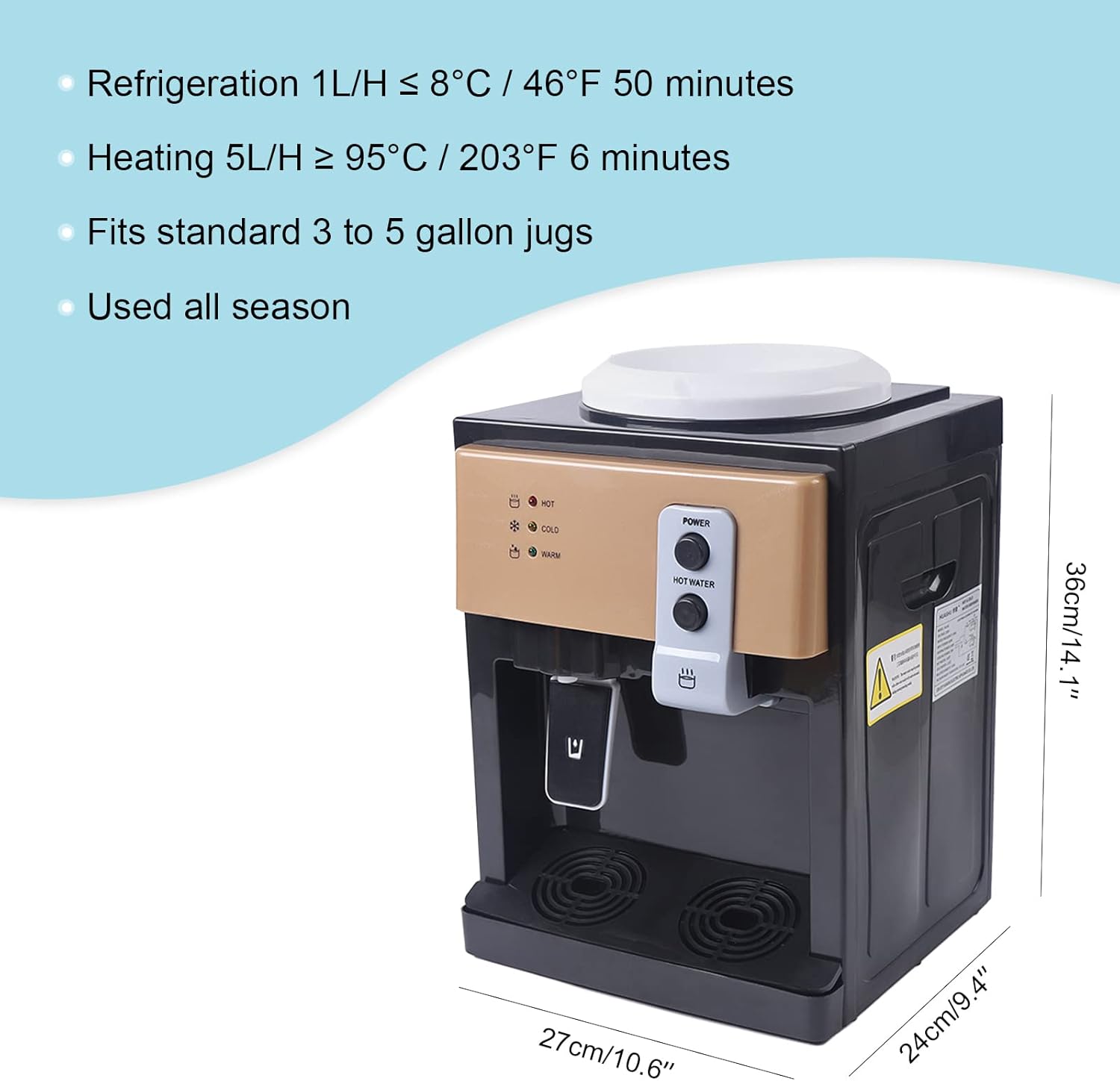 Diagram showing the dimensions of the water cooler dispenser: 24cm (9.4 inches) deep, 27cm (10.6 inches) wide, and 36cm (14.1 inches) high. Also lists refrigeration and heating performance.