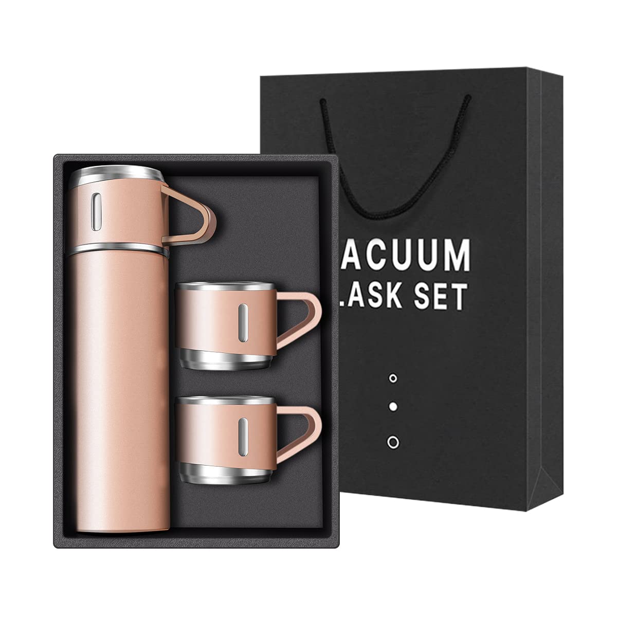 Coffee Thermos Stainless Steel Vacuum-Insulated Water Bottle, 500ml/16.9oz Insulated Bottle with Cup for Hot & Cold Drink Travel Mug (Pink, Three Cup)