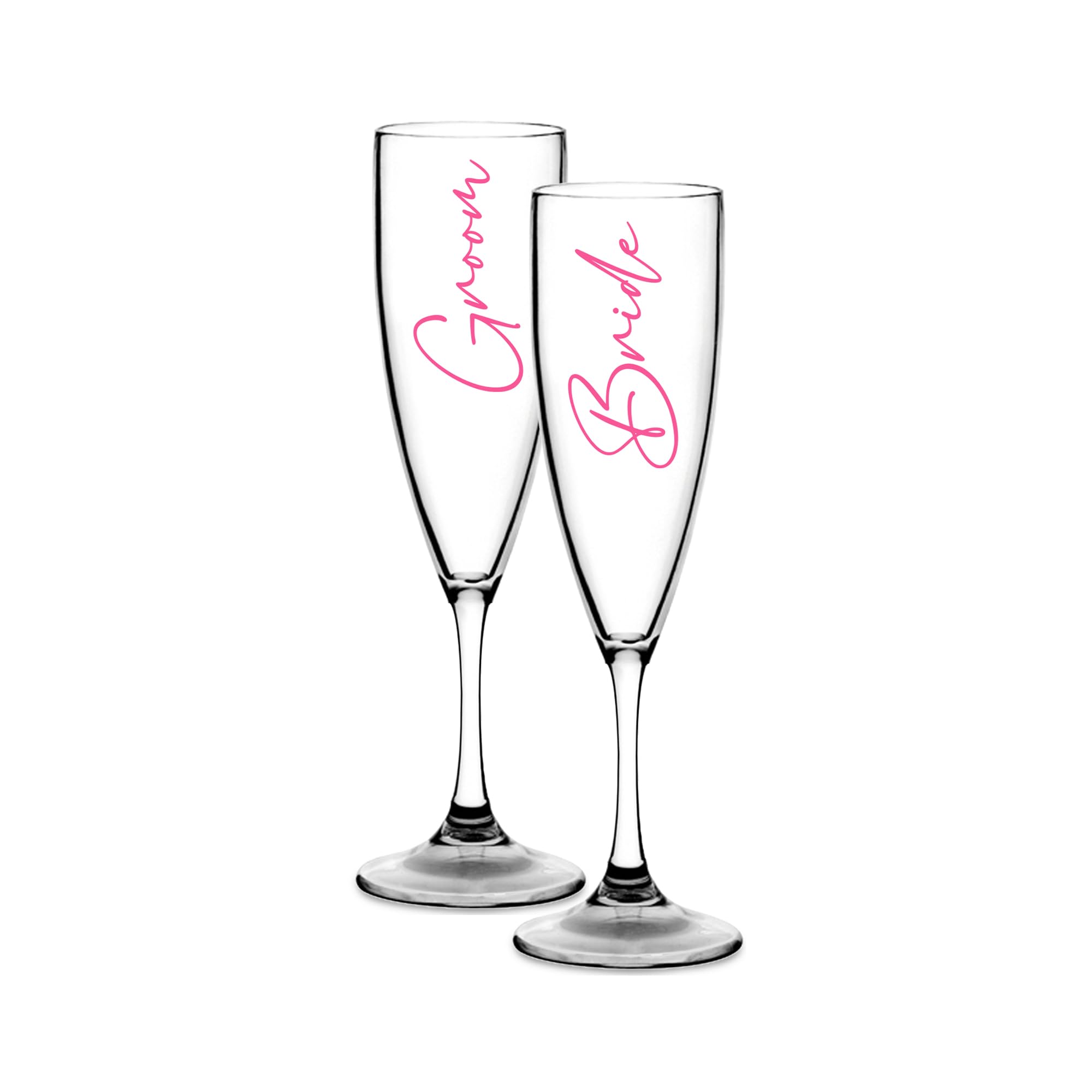 Print Maniacs Champagne Premium Clear Flute Glass Bride Groom Mr Mrs Wedding Maid Honour Wine Cocktail Prosecco Celebrations Gift (Baby Pink, Bride + Groom Set)