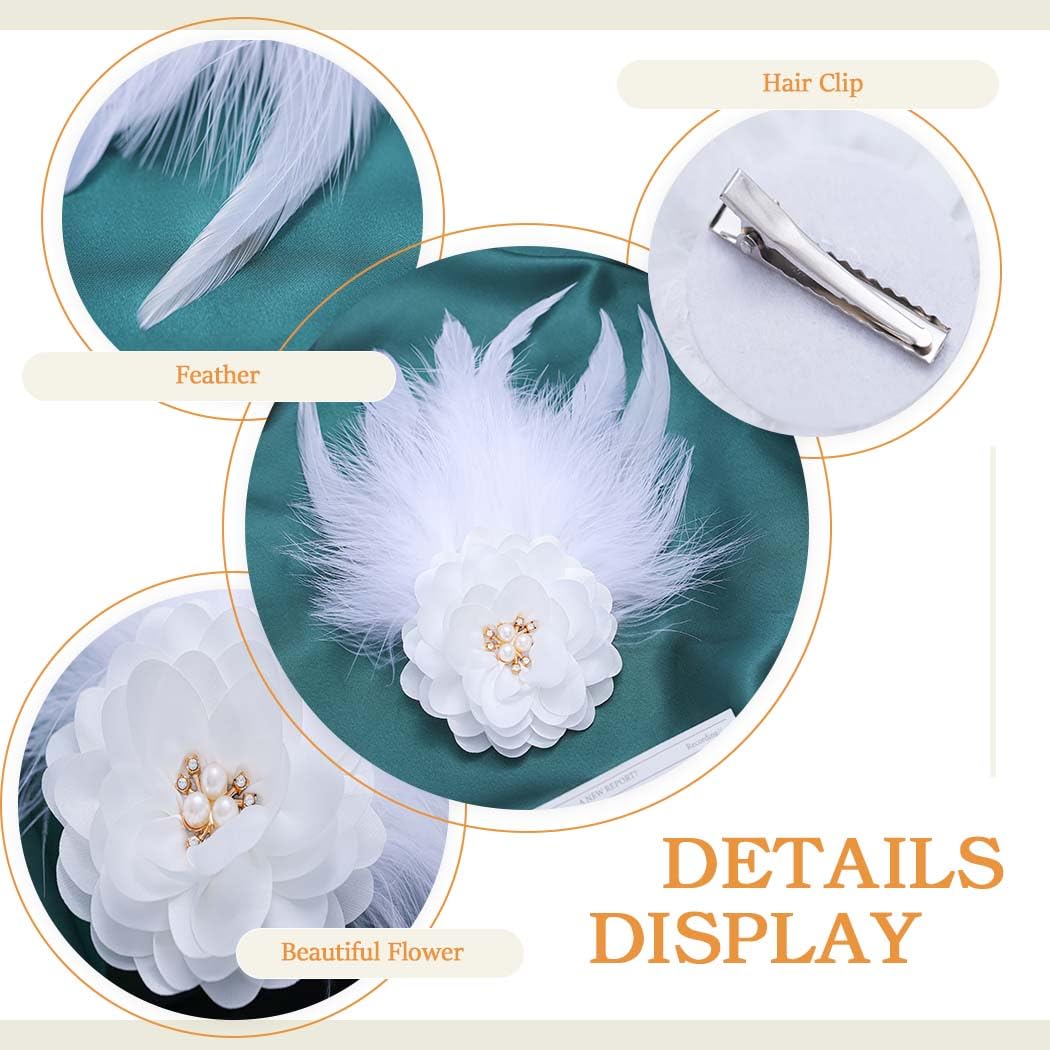 Flayem 1920s Feather Hair Clip Fascinator Gastby Flower Rhinestone Pearl Prom Costume Hair Accessory for Women (White-B) - Image 3