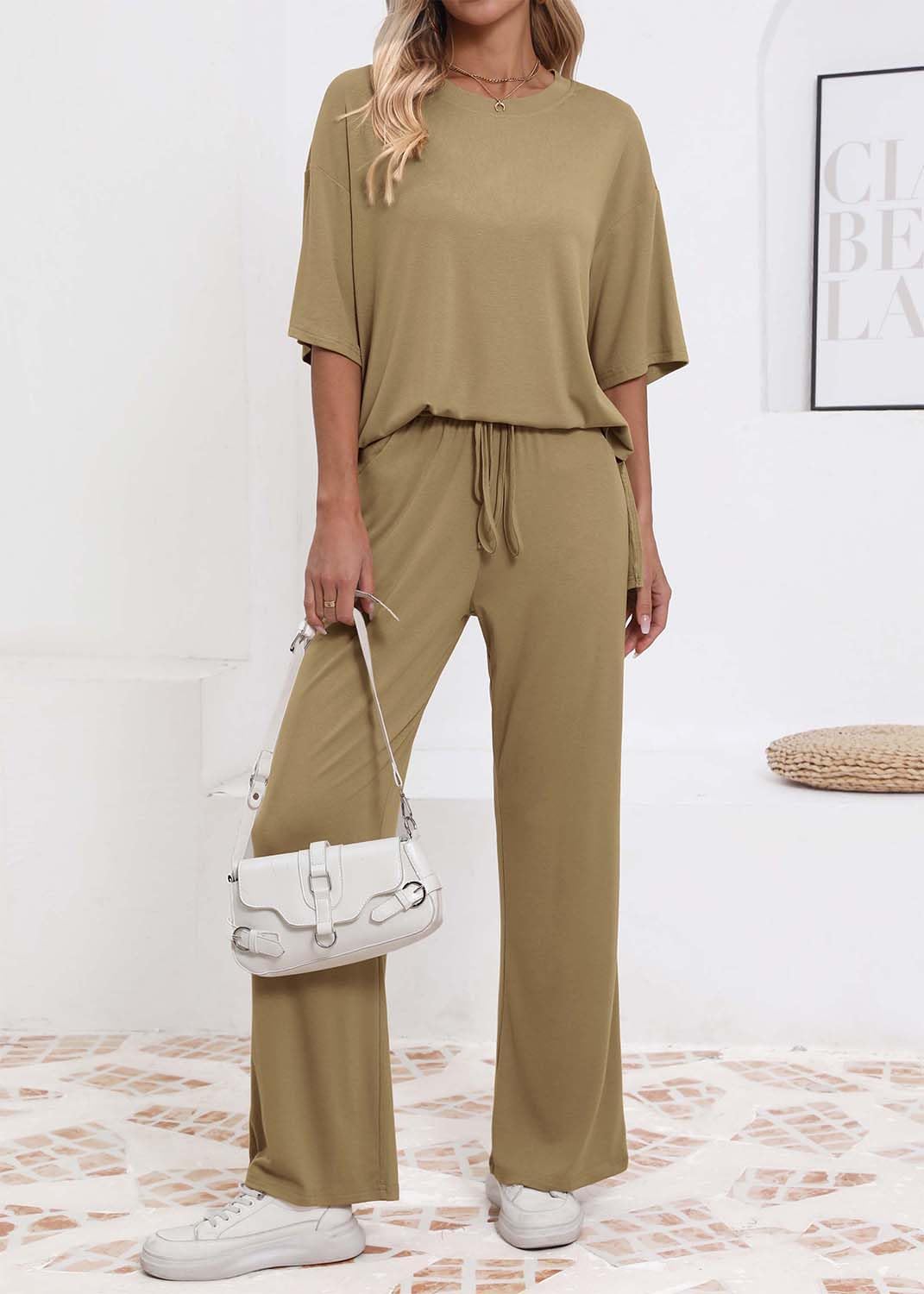 Womens Lounge Set 2026 Summer 2 Piece Outfits Oversized Short Sleeve Tops & Wide Leg Pant Matching Sets Clothing - Image 6