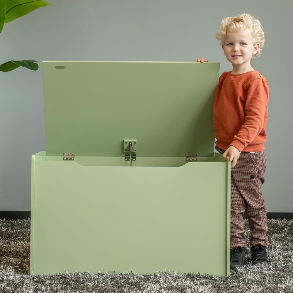 Bandits & Angels Holzspielzeugkiste Aufbewahrungsbox XL Retro Grün – Sicherer Verschluss mit Gasfeder – Maße 80x50x50 cm – Retro Grüne Spielzeugkiste fürs Kinderzimmer