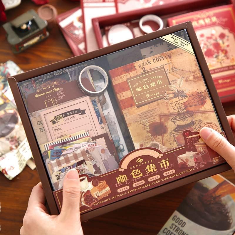 Image of VOTDOT (346Pcs) Paper Junk Journal & Scrapbook Kit, Scrapbooking Supplies Kit with Creative Decor Journaling Supplies, Stationery, Stickers, A6 Grid Notebook with Graph Ruled Page Gift for Girl (Coffee Scrapbook)