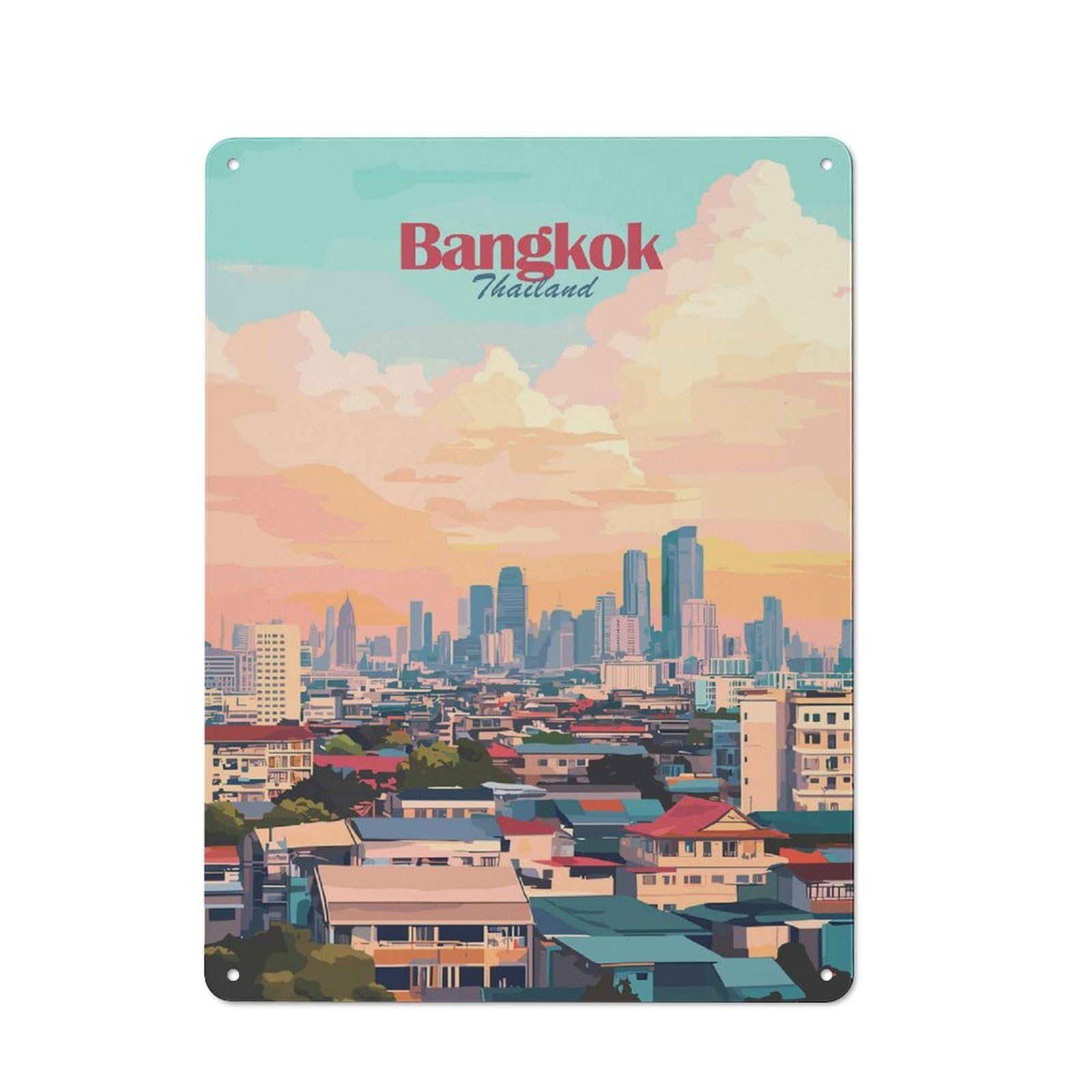 Vintage Decorative Tin Plaque 40x30cm Featuring Bangkok Thailand Cityscape Illustration, Home Wall Decor for Bedroom, Kitchen, Office Or Living Room