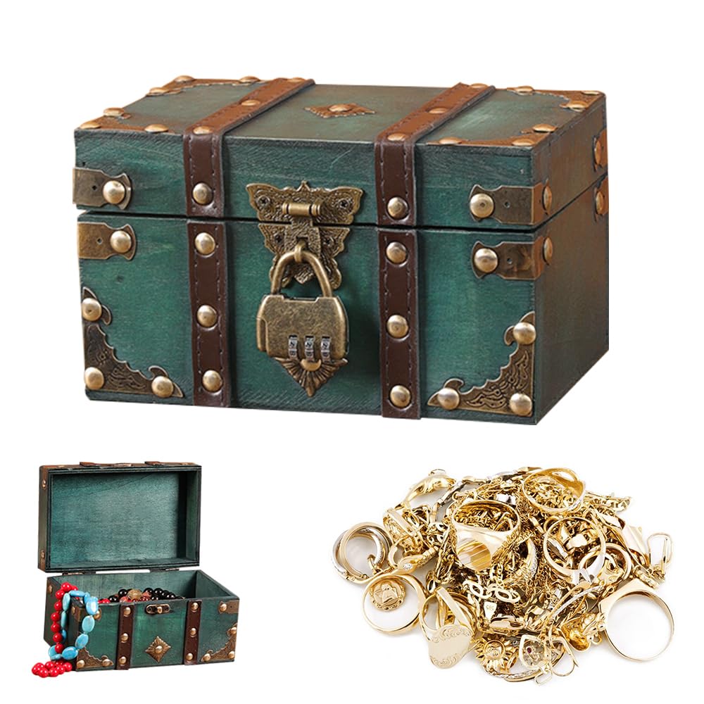 Cofre del Tesoro de Madera, Verde Cofre del Tesoro Pirata con Cerradura, 18x11x10cmCofre del Tesoro de Madera con Tapa, para Regalo, Decoración y Almacenamiento Exhibir, Almacenar Collares, Aretes