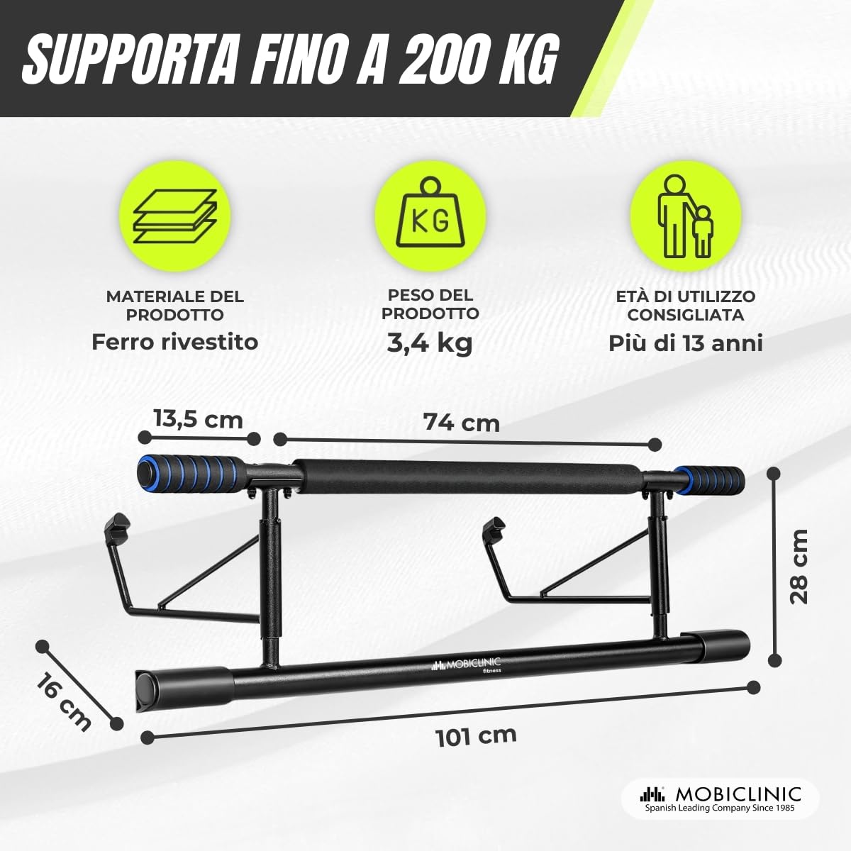 Mobiclinic®, Barra per trazioni sospese, Senza attrezzi, K5, Max. 200 kg, Con maniglie elastiche e antiscivolo in schiuma, Regolabile da 70 a 92 cm, Esercizio domestico, Facile riporre