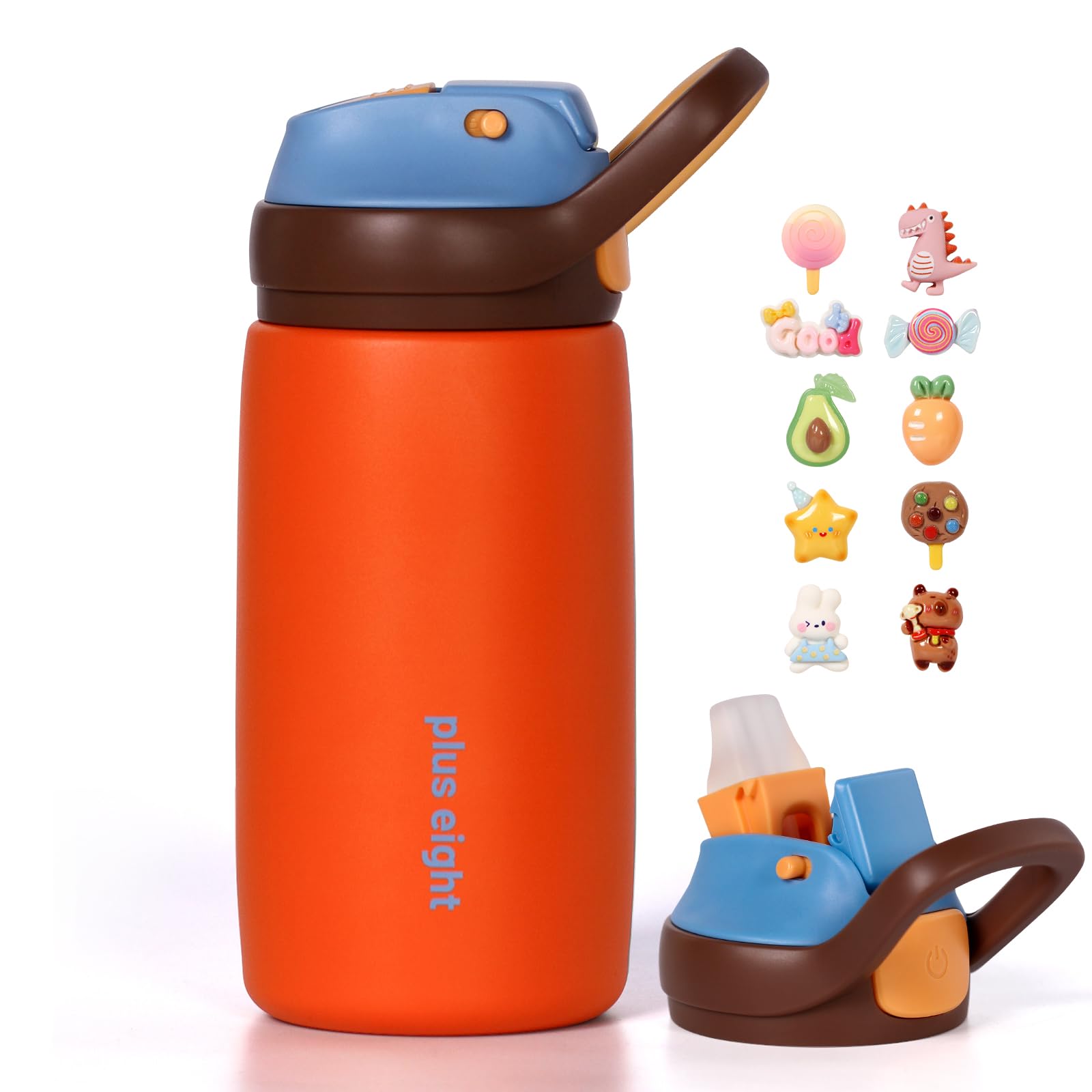 pluseight Kids Insulated Water Bottle with Straw Lid, 350ml BPA-Free Double Wall Vacuum Tumbler 18/8 Stainless Steel Leak Proof Keep Drinks 12h Hot & 18h Cold (Orange)