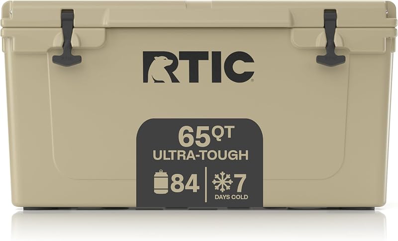Enfriador duro ultrarresistente RTIC 65 QT | Caja de hielo dura portátil para playa, bebidas, camping, picnic, pesca, barco y barbacoa