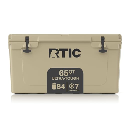 RTIC Hard Cooler 65 qt, Tan, Ice Chest with Heavy Duty Rubber Latches, 3 Inch Insulated Walls Keeping Ice Cold for Days, Great for The Beach, Boat, Fishing, Barbecue or Camping