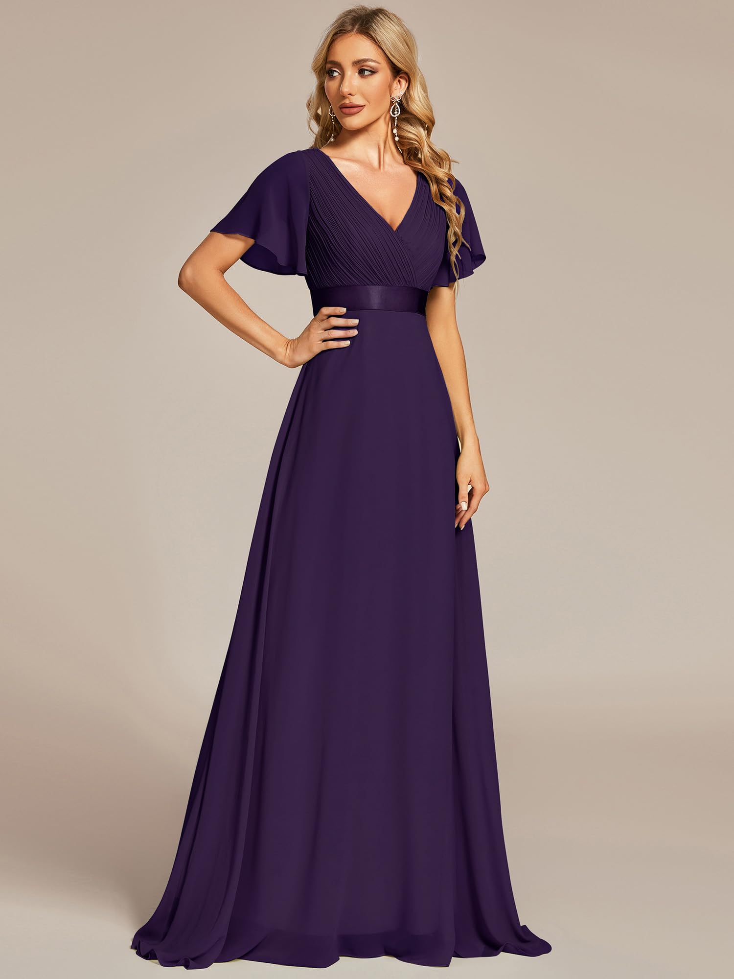 Ever-Pretty Damen Abendkleid Brautjungfer A-Linie Chiffon V Ausschnitt Bodenlang EP09890