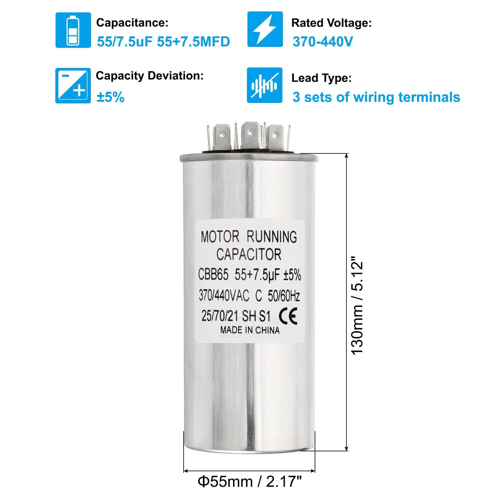 PATIKIL 55/7.5uF 55+7.5MFD 370-440V AC Condensador, 10 Piezas CBB65 Condensadores Arranque Motor Condensador Doble Acondicionador Aire O Bomba Calor Straight Cool