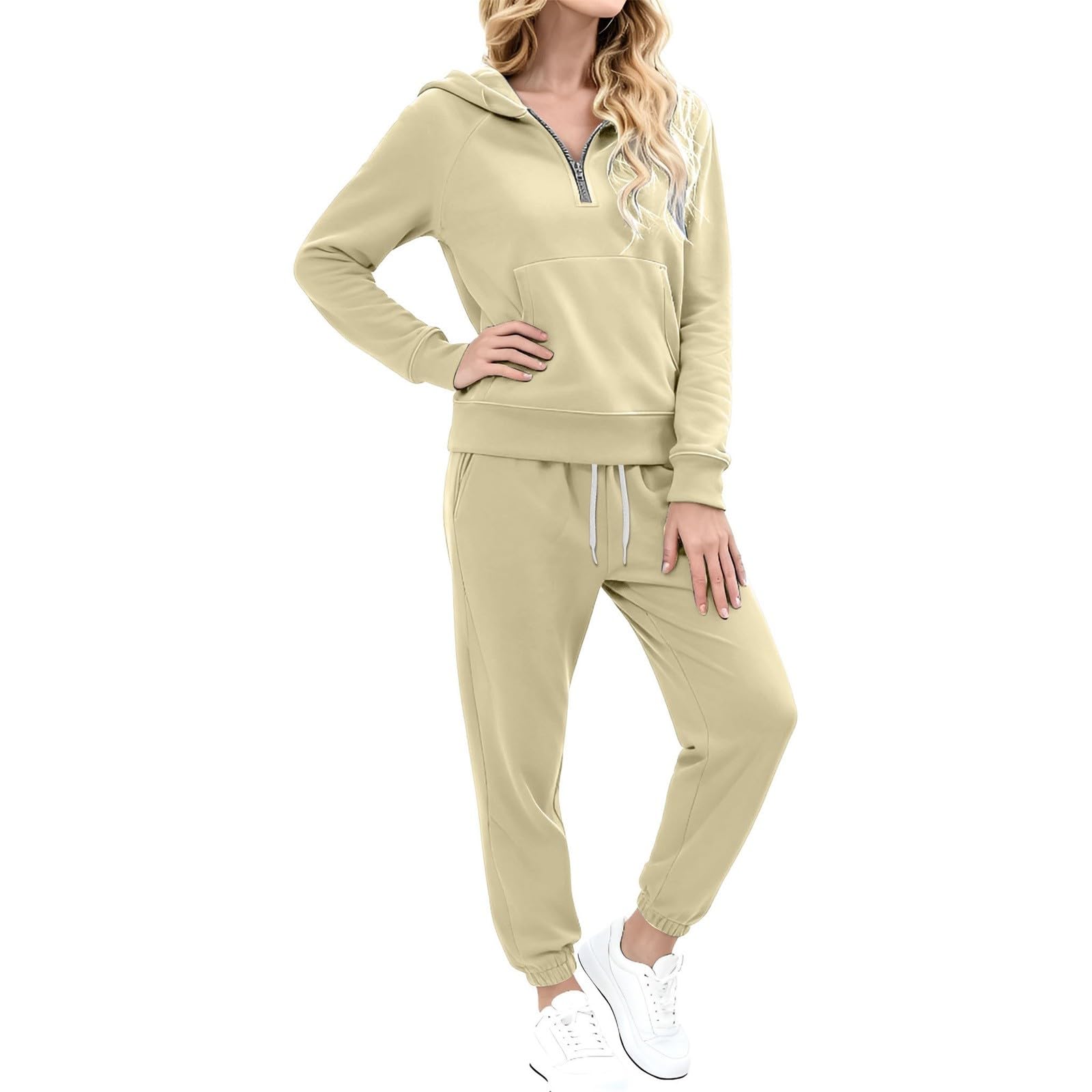 Generisch Tuta da uomo per il tempo libero, in tinta unita, 2 pezzi, tuta sportiva da uomo, con cerniera a 1/4, con cappuccio e pantaloni da jogging