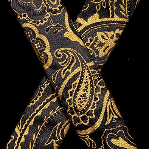 Image of Hi-Tie Black Gold Mens Suspenders Bowtie Set Floral Suspenders Pre-tied Bow Tie Pocket Square Cufflinks Adjustable Y Shape 6 Clips Braces Tuxedo