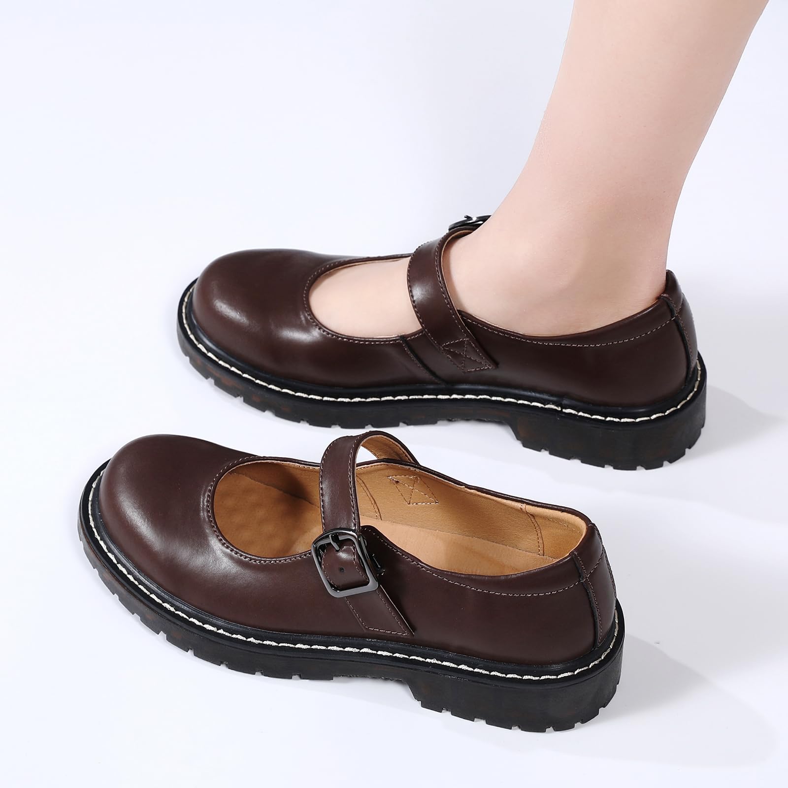 XMM Mary Jane Shoes Women Oxford Shoes Leather Round Toe Flats Non-Slip Ankle Buckle Strap Comfort Casual Dressy Cosplay Party School Work Shoes