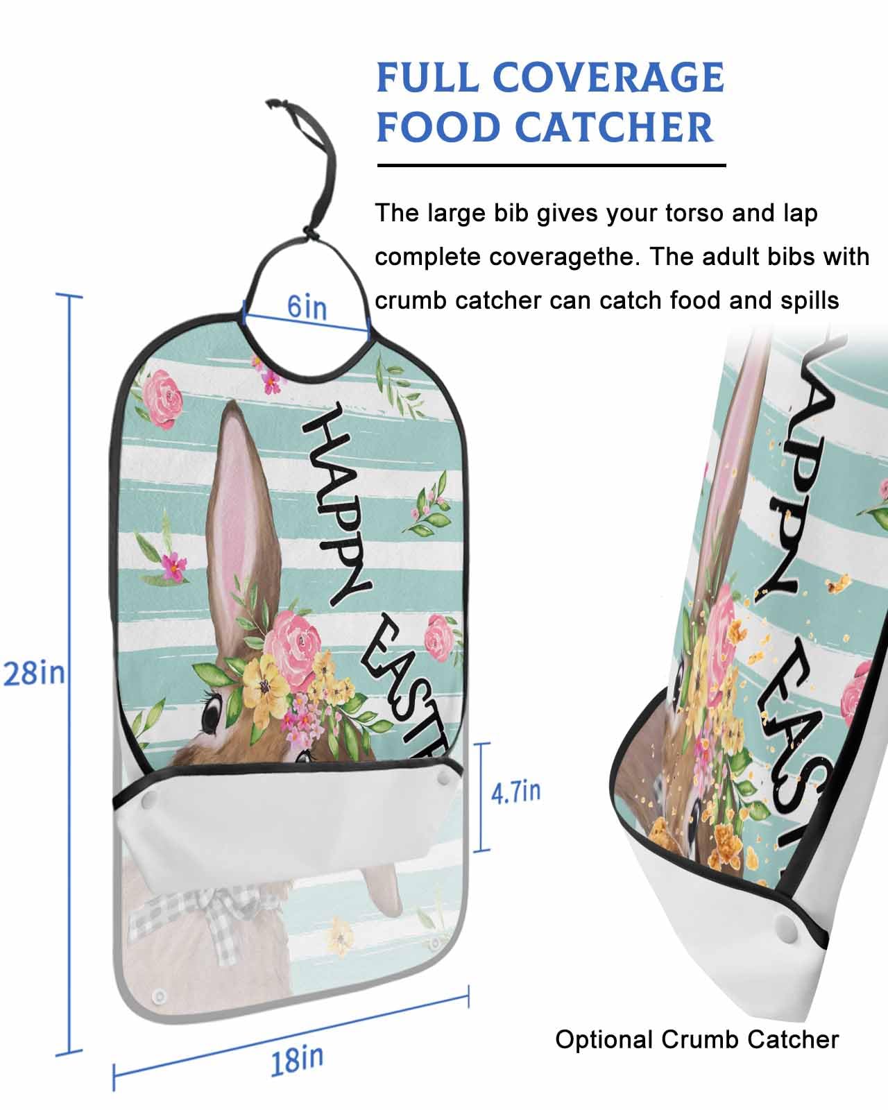 LEOKOTI Spring Easter Bunny Adult Bibs for Eating, Waterproof Bibs with Food Catcher & Adjustable Snap Closure, Teal Striped Floral Botanical Washable Clothing Protectors Adult Bibs for Elderly