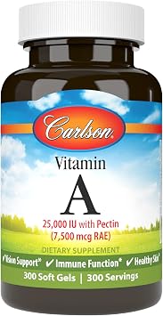 Carlson Vitamin A, 25000 IU 7500 mcg RAE, with Pectin, 300 Softgels | Vision Health; Helps Night Vision; Skin health