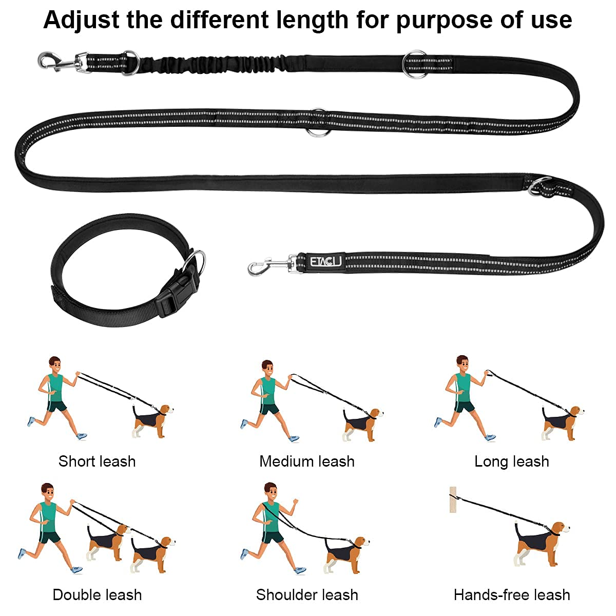 ETACCU Doppio guinzaglio a mano libera con guinzaglio 3 m, per cani di medie dimensioni fino a 50 kg, robusto manico antiscivolo, senza grovigli, riflettente (nero)