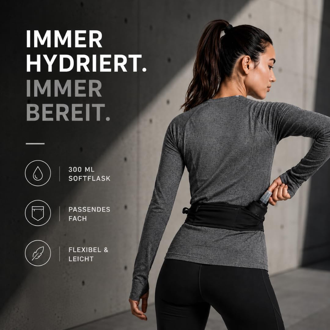 AeroRun® Laufgürtel mit Trinkflasche | Lauftasche Jogging für Damen & Herren | Handytasche Joggen auch für große Handys | 360° Anti-Bounce Running Belt inkl. Startnummernband | M-XL >85 cm Bauchumfang