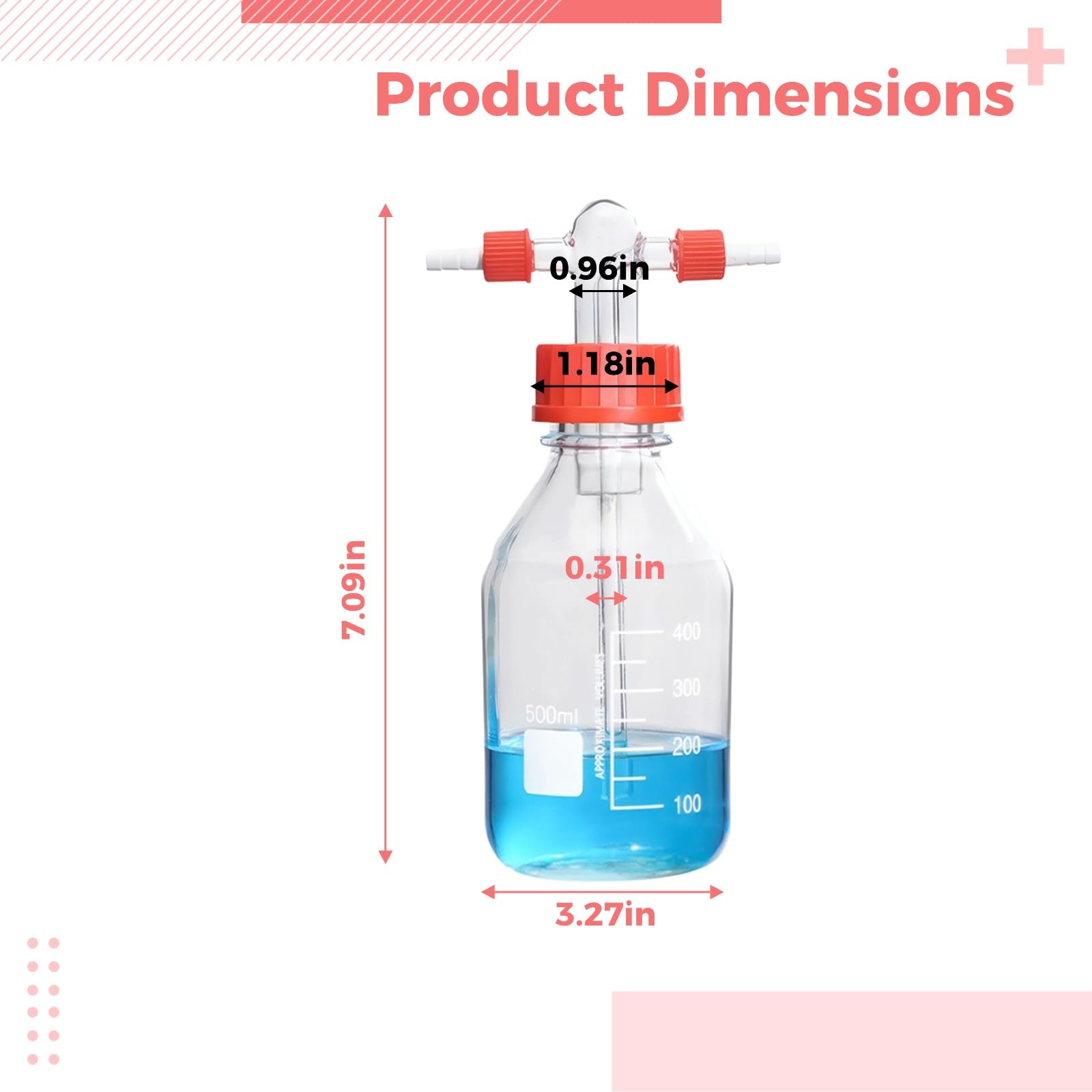 Gaswaschflasche aus Glas, 500 mL, mit GL45 Schraubverschluss, gerade Rohrführung und Skala, 83 x 180 mm, Laborflasche zum Entfernen von Gasverunreinigungen