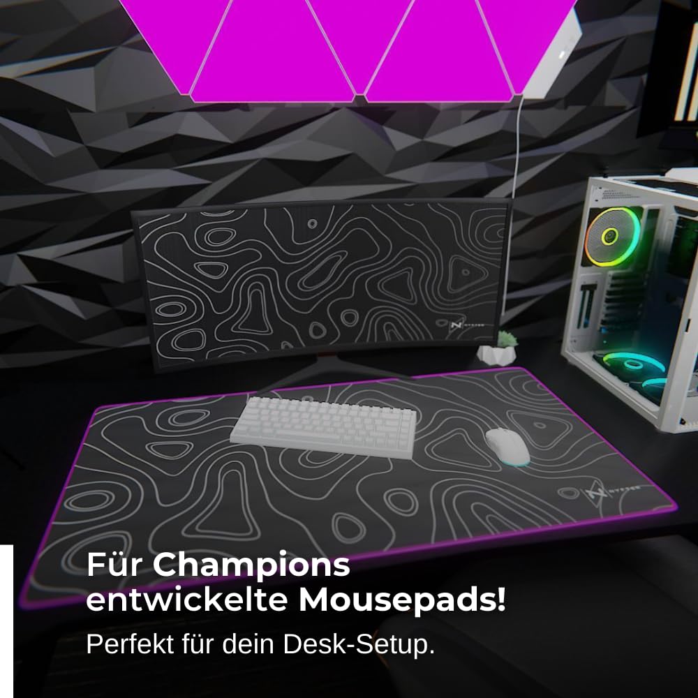 Nyfter - Tappetino per mouse XXL per gaming, RGB, nero, design topografico, 900 x 500 mm, misura grande, bordi cuciti, durevole con Glide di alta qualità e antiscivolo, per gaming