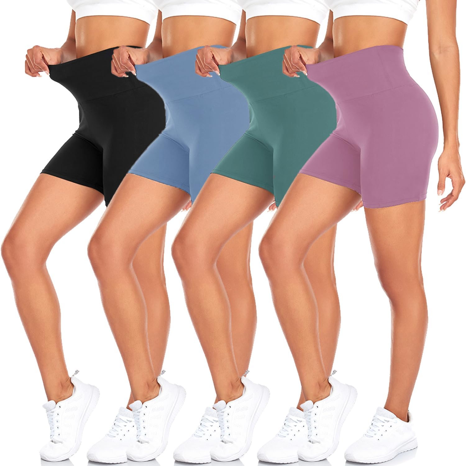 MOREFEEL 4er Pack Radlerhose Damen Kurze Hose Sporthose High Waist Leggings Blickdicht Sportshorts Elastisch Yogahose Sommer Hotpants Dehnbar Laufhose für Gym Sport Shorts Fitness Alltag