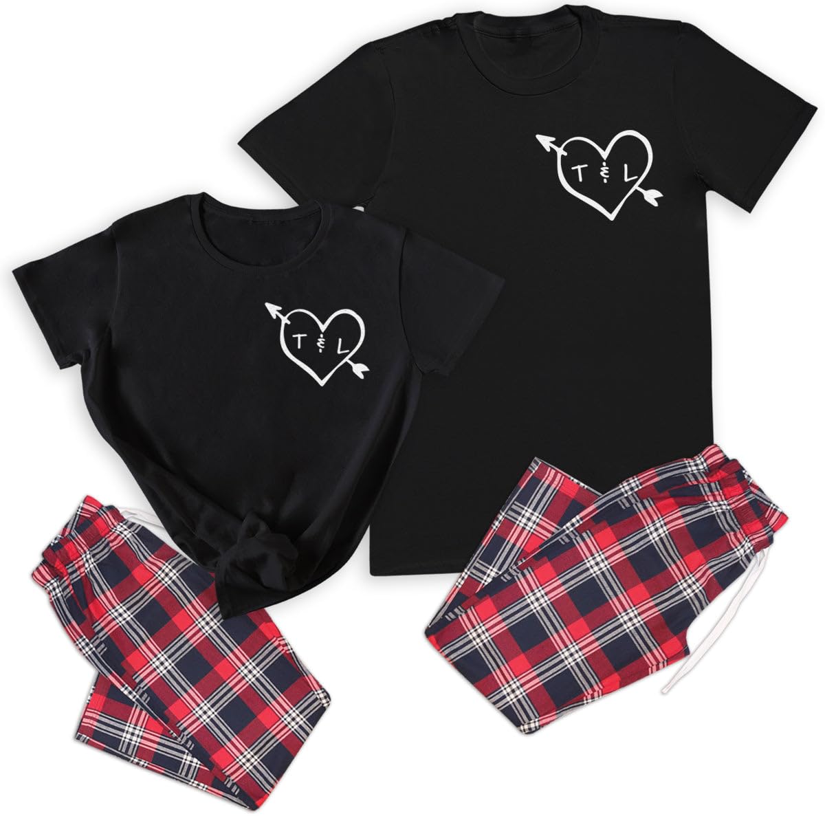 The Gift Project Unisex Black Personalised Heart Arrow & Initials - Couples Matching Pyjamas - Top & Tartan Pj Bottoms - (Sold Separately)