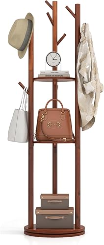 Giantex Perchero independiente, árbol giratorio de madera con 3 estantes de almacenamiento y 9 ganchos, bordes redondeados y base ancha, soporte