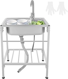 Fregadero de cocina independiente de acero inoxidable, 60 × 45 × 75 cm, 1 cuenco, fregadero móvil, de acero inoxidable, portátil, multifunción, con grifo y soporte para exterior, interior