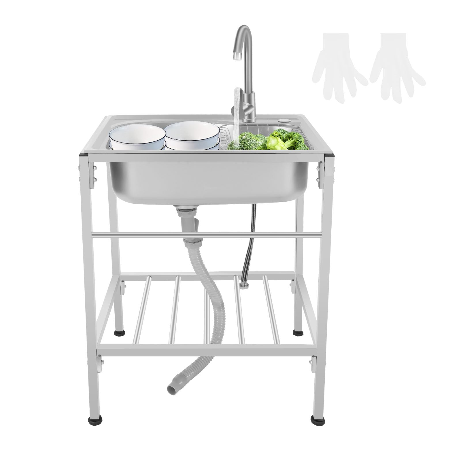 Fregadero de cocina independiente de acero inoxidable, 60 × 45 × 75 cm, 1 cuenco, fregadero móvil, de acero inoxidable, portátil, multifunción, con grifo y soporte para exterior, interior