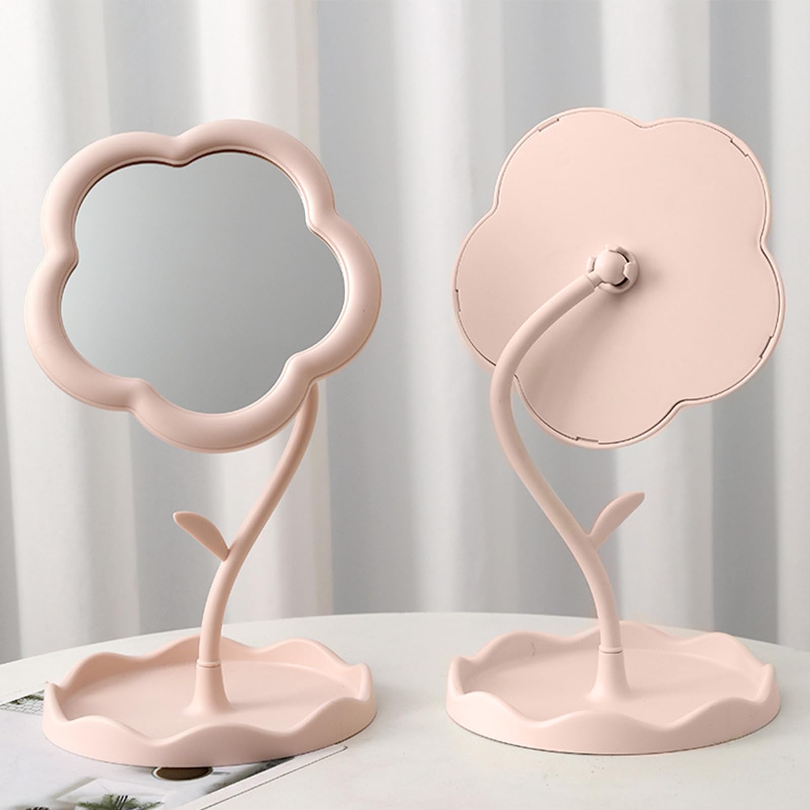 Miroir De Maquillage Fleur – Design Avec Base De Rangement, Pour Table, Salle De Bain, Voyage (rose, 29,5 Cm)