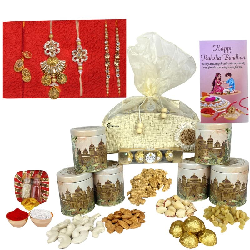 Image of NUTRI MIRACLE Rakhi Gifting Combo - Eco Tin Jar with Chocolates Dry Fruits