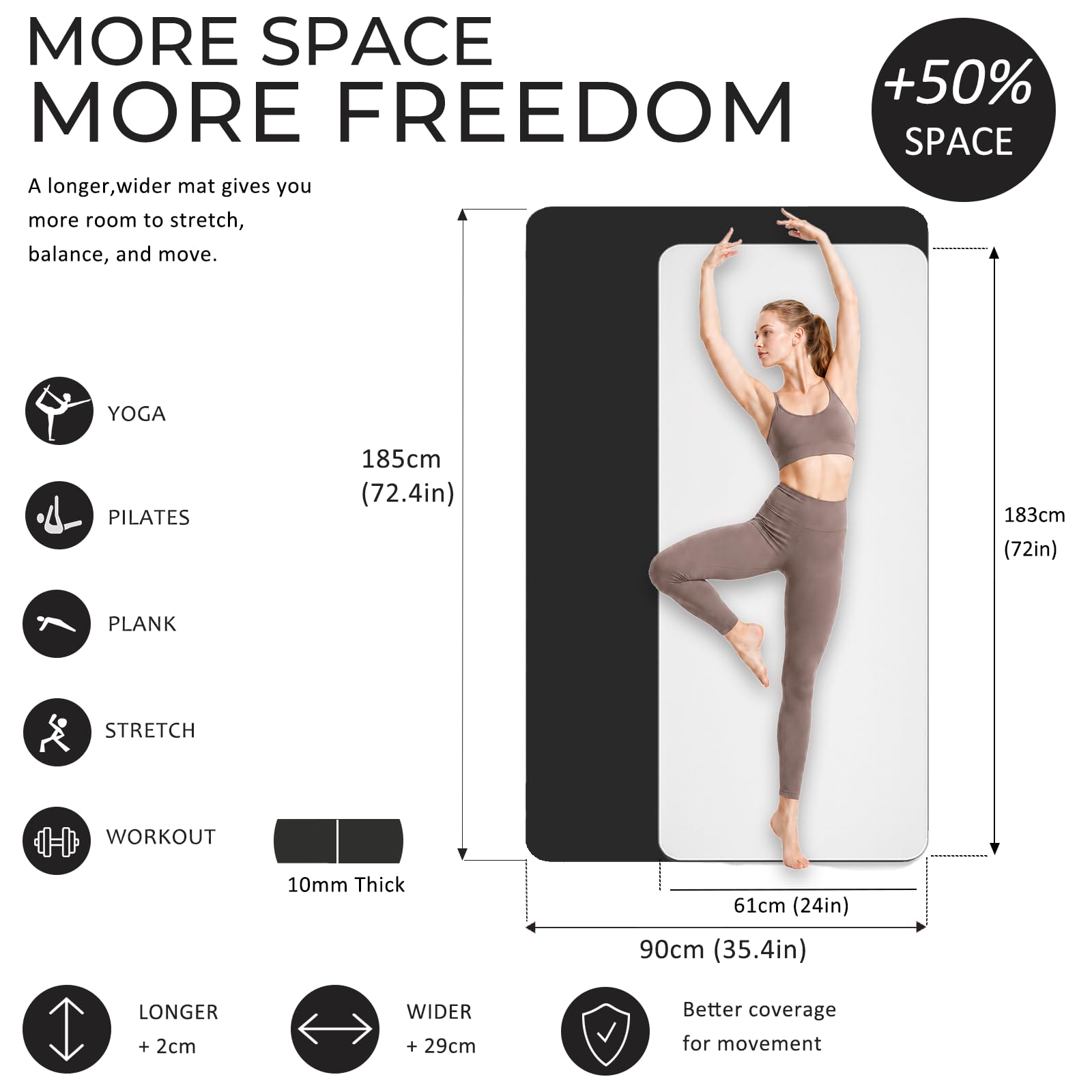 Tappetino da yoga spesso in TPE (8 mm), antiscivolo, ecologico, con tracolla per il trasporto, comodo tappetino fitness per yoga, pilates ed esercizi a casa (182,9 x 61 cm)