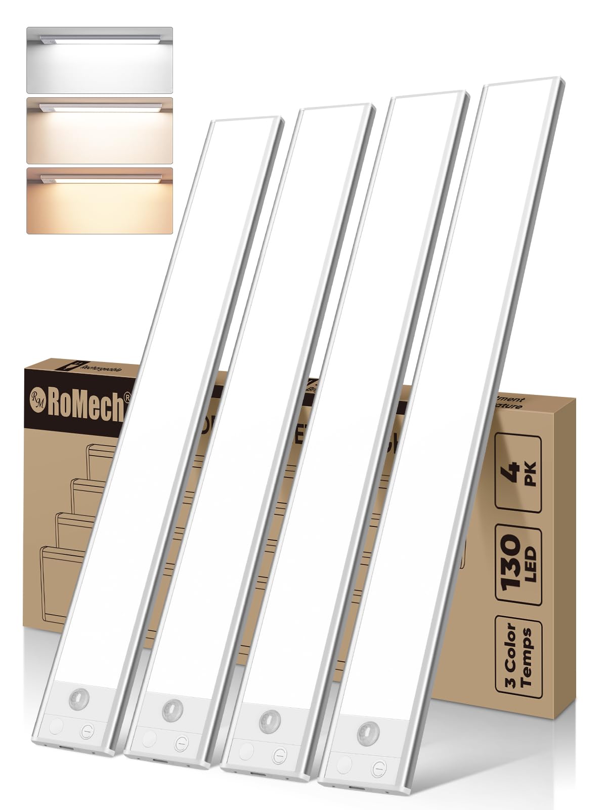 ROMECH 130 LED Under Cabinet Light, 3 Color Temps Motion Sensor Light Indoor, 3000mAh Under Cabinet Lighting Wireless with USB Charging, 15.7Inch Closet Light for Kitchen Stair Wardrobe (4 PK)