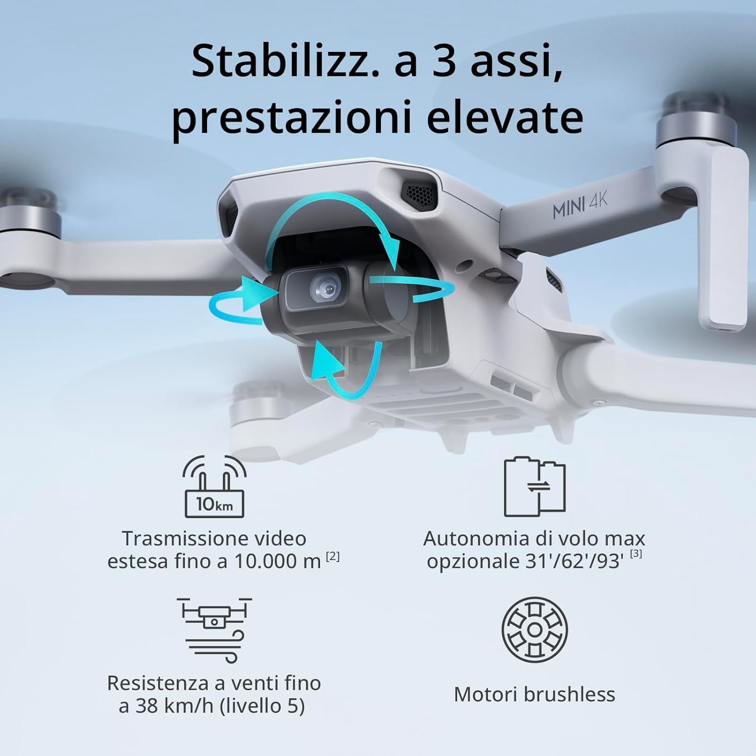 DJI Mini 4K, drone per adulti, fotocamera 4K HD, < 249 g, stabilizzatore 3 assi, trasmissione video 10 km, return automatico, resistenza al vento, 1 batteria per tempo di volo 31', volo intelligente