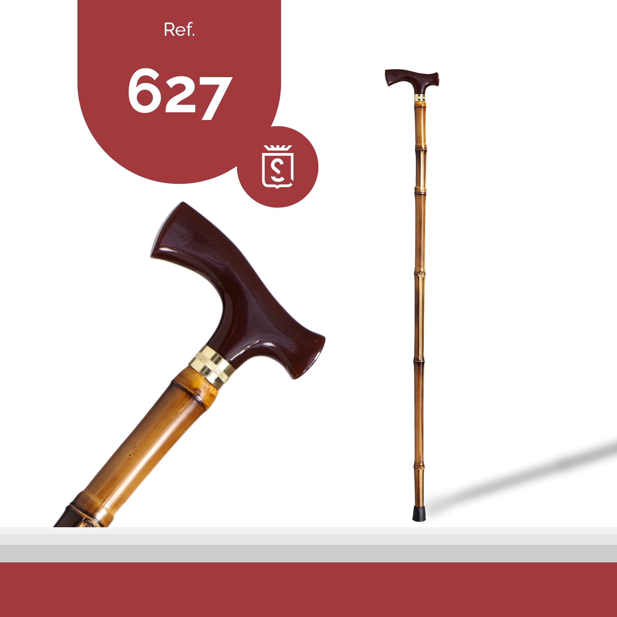 Bastón para caminar, ayuda apoyo, con acabado elegante, puño nacarado de concha rojizo y palo madera de bambú, muy ligero. Contera goma antiresbalamiento. Personas mayores y ancianos (627)