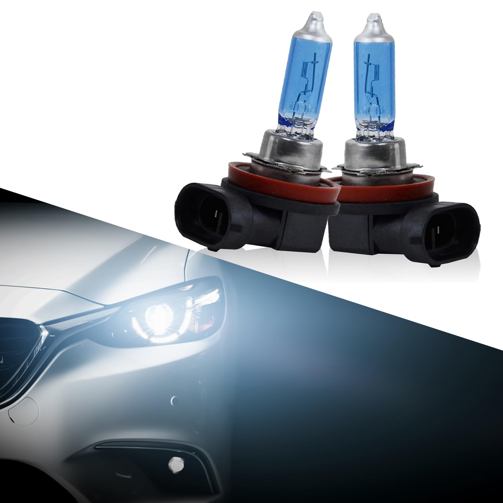 Pack-2 Car Halogen Lights, Super Bright Light Bulbs, Front Fog Lights, High/Low Beam Lights, Bulb Replacements, Auto Lighting Tool, Universal for Most Vehicles (White #H11)